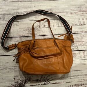 Margot Tan Leather Shoulder Bag with Striped Strap